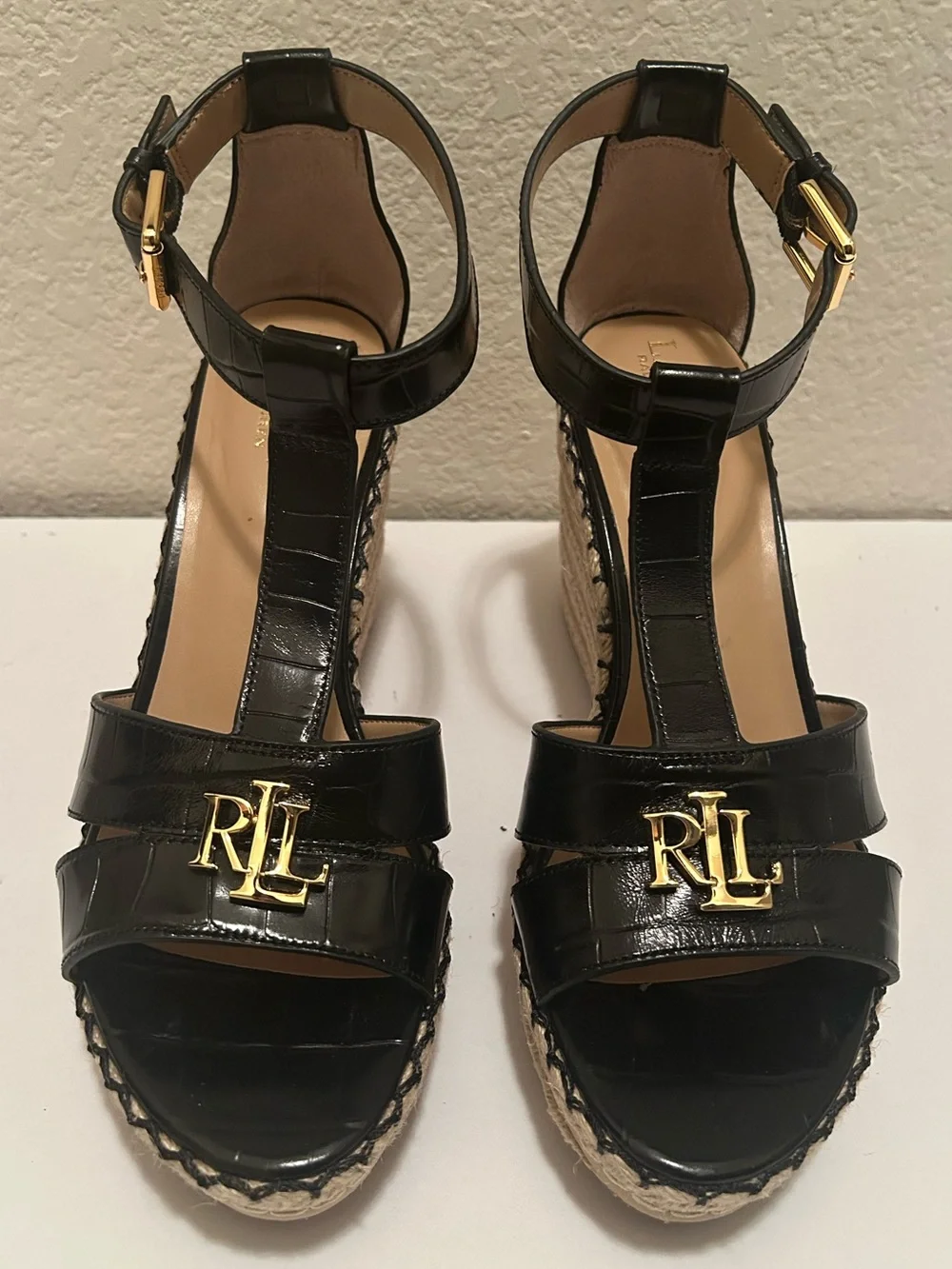 Ralph Lauren Black Patent Leather Espadrille Wedges with Gold RL Logo